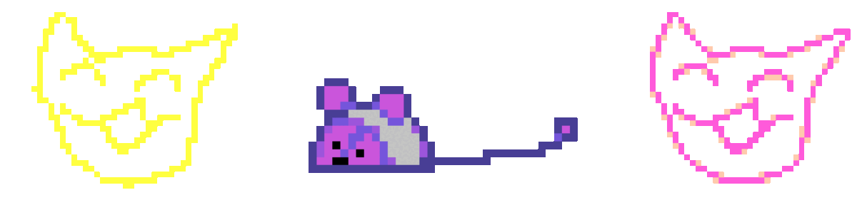 two Cat faces from signs in deltarune with a maus sitting in between