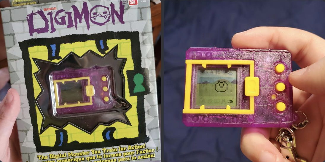 two photos stitched together, the first one being a picture of my purple digimon 20th vpet in the box, and the second one is a picture of me holding it, tokomon on screen.