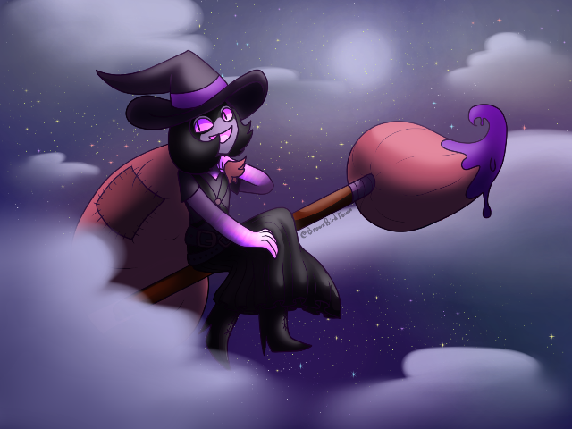 A masked character is flying on a paint brush in the cloudy night sky. They wear an all-black outfit that resembles a wizard or witch, and have purple glowing eyes, mouth, and hands.