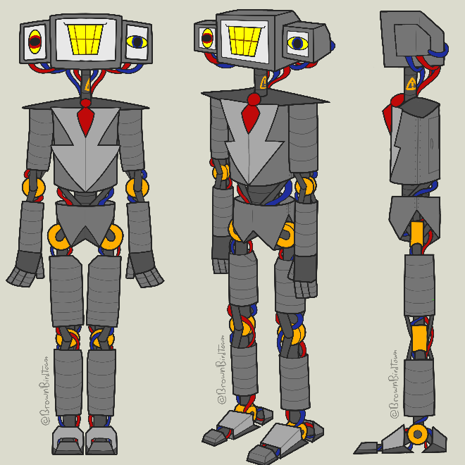 A robot is drawn three times facing front view, three quarters view, and side view. It's head is made of three monitors, one large one showing a large smile, and two side ones showing eyes, the right one flipping vertically instead of horizontally. It is clad in metal of various greys to resemble vaguely a suit and tie, with the tie being red. The joints have red and blue wires visible, and the joint pieces themselves are yellow.