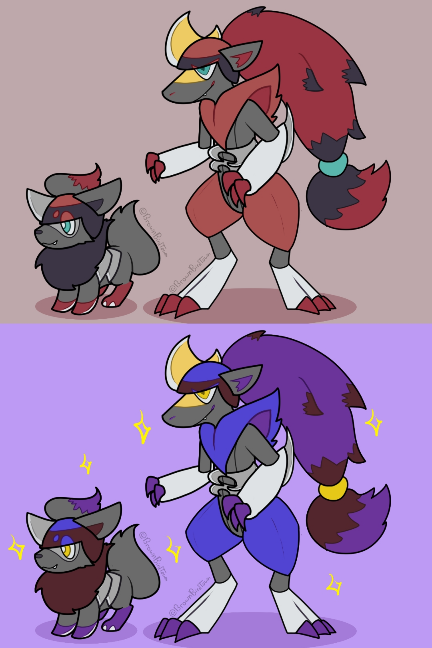 Two images of a set of characters, the second one recoloring the reds and golds of the top to blues and silvers on the bottom. They are fusions of the pokemon Zorua and Pawniard, and Zoroark and Bisharp. They have the main body of Zorua and Zoroark, but with added blades from Pawniard and Bisharp. The helmets of Pawniard and Bisharp are present, having the Zorua and Zoroarks hair become ponytails poking out the helmets.