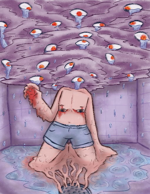 A figure kneels in a shower, hands and legs melting into the drain. There are eyeballs coming out of the area where top surgery scars would be. The head is replaced with a large purple and blue cloud, covered in many crying eyes looking in every direction.