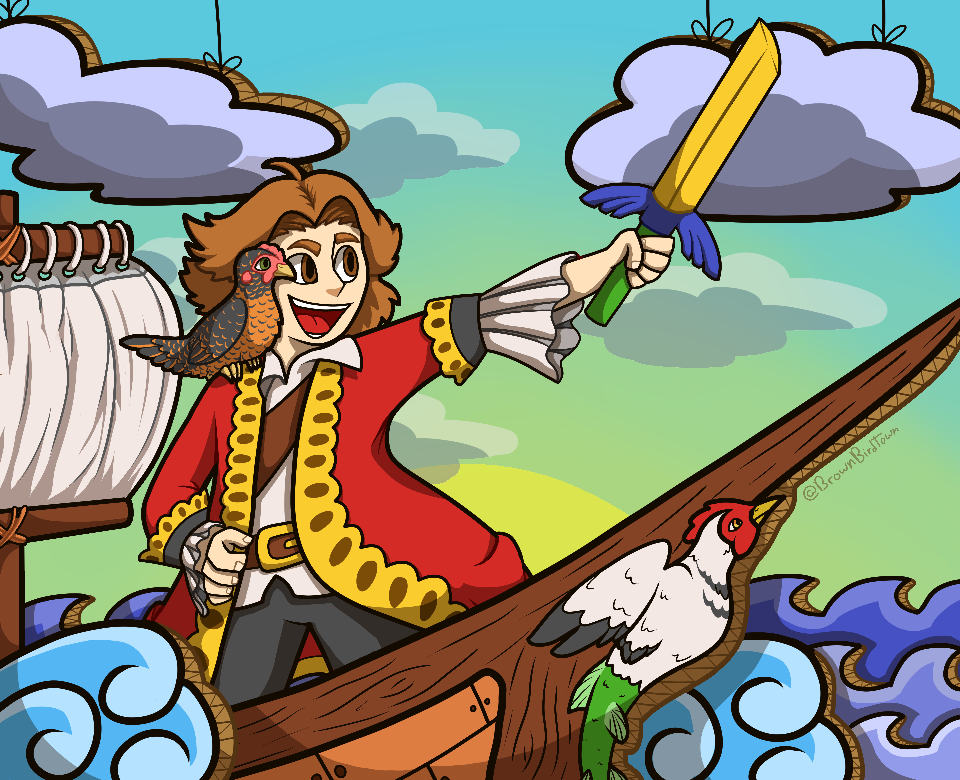 A picture of a person in pirate captian clothes standing behind a wooden cut out of a pirate ship, a brown chicken with orange spots sitting on their shoulder like a parrot while they point a foam sword to the right. The background is made to resemble set pieces of a play to show sailing on the sea.