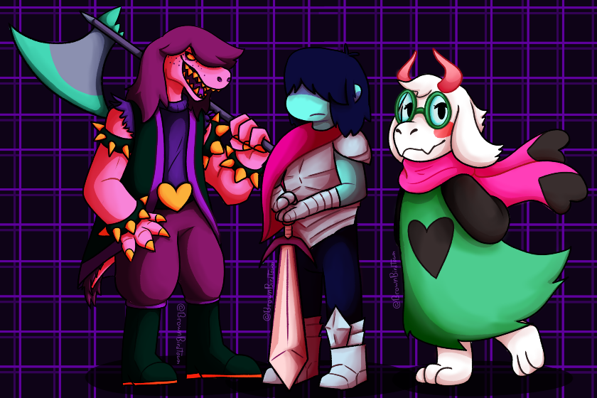 A picture of Susie, Kris, and Ralsei from Deltarune. They are standing next to each other, in the grid battle background pattern.