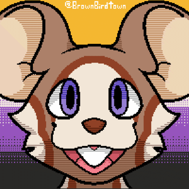 A gif of my brown rat fursona staring at the camera with a nonbinary flag background, very occasionally blinking.