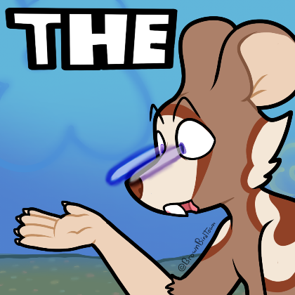 My brown rat fursona Oko recreating the meme of a spongebob character shooting eye lasers at their hand and the caption being 'THE', with the intent that a person puts something in the hand and adds the name below the 'The'.