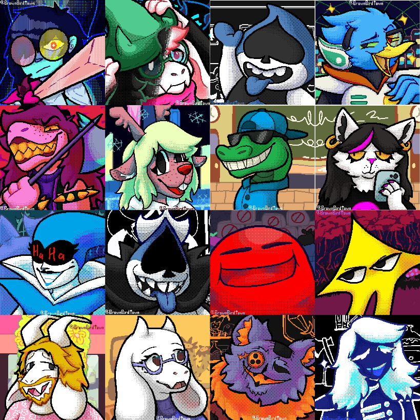 A swt of 16 icons drawn in a pixel style of characters from Deltarune. From left to right, the characters are Kris, Ralsei, Lancer, Berdly, Susie, Noelle, Jockington, Catti, Queen, Spade King, Nubert, Starwalker, Asgore, Toriel, Seam, and Rouxls. Kris, Susie, Berdly, and Noelle are in their dark world outfits.