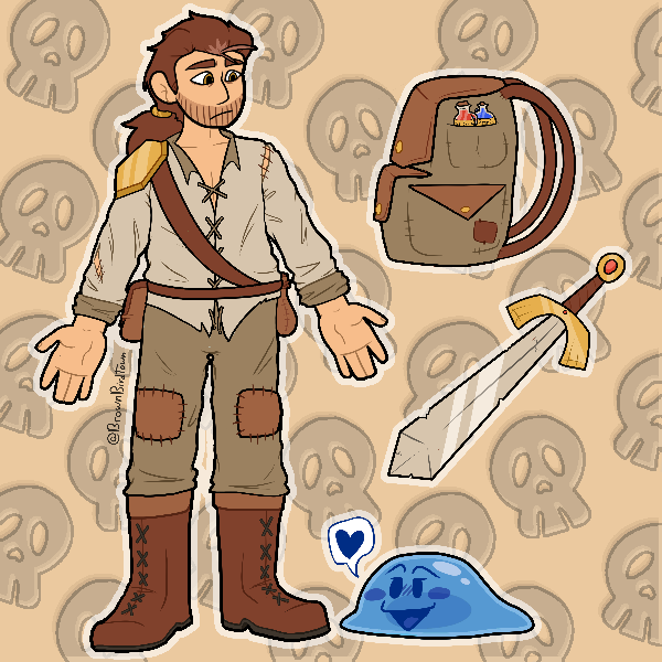 A referencesheet for a pair of characters. One is a blue slime, and the other is a human. The human wears a battered, simple clothing, with a shoulder guard and some bags on his waist. He is white and has brown hair, wearing it in a ponytail clasped by a metal ring. He has large eyebrows and a stubble beard. The blue slime is looking at the human and smiling, a blue heart emoticon to the slimes left. To the side of both of them, there is a chipped sword and a very stuffed backpack. the background is a solid color with repeating skull pattern faintly on top of it.