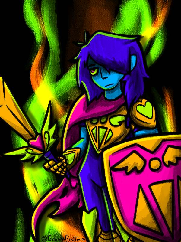 A drawing of Kris Deltarune in their dark world outfit standing in front of the Fountain. They are colored using a limited palette of Light blue, Dark blue, pink, green, orange, and black.