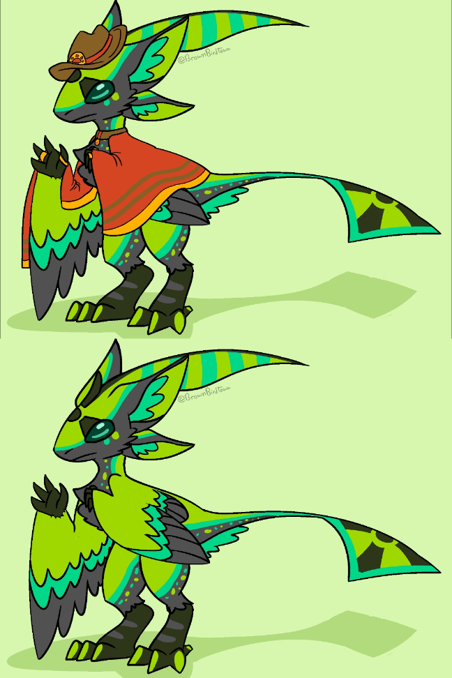 A set of two version of a reference of a charcter, the top one wearing clothes of a cowboy hat and orange cape with a gold trim. The character is an Avali, a raptor-like species with large eyes and four ears. He is black, with large neon green markings lined with cyan along his body. The radioactive hazard symbol is on his forehead and tail feathers.