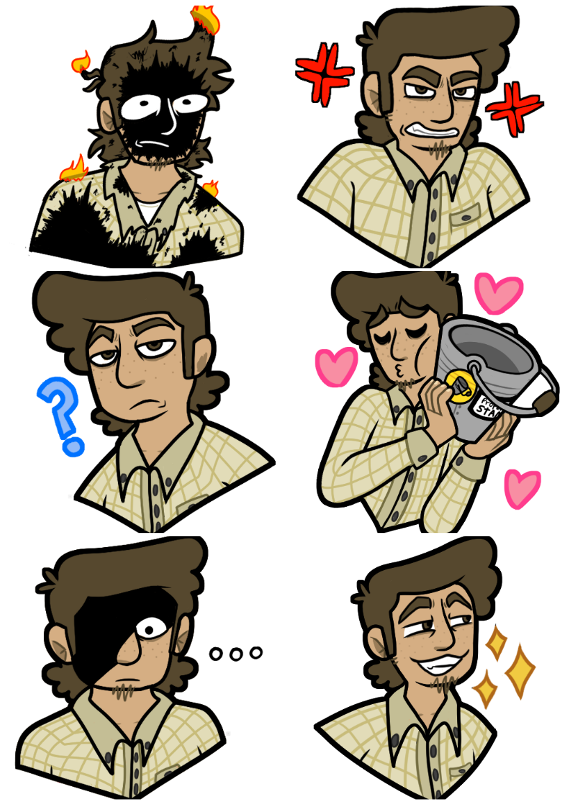 A set of six emotes of Stanley from The Stanley Parable. From Left to right, top to bottom, the emotes are: Stanley with soot and small flames on him from an explosion, Angry Stanley, Confused Stanley, Stanley making a kissy face towards the bucket, Stanley with a shadow over half his face and N ellipses to the side, and Stanley grinning smugly with sparkles to his side. All emotes are seen from the chest up.