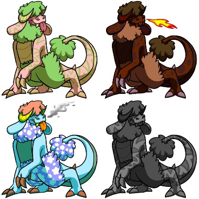 A set of 4 pictures of a wooly dragon like species. The four are very different in colors and patterns, to showcase the range of designs possible. Top left is pink with green wool, top right is various dark browns,bottom left is blues with orange head wool and claws, and bottom right is various dark greys.