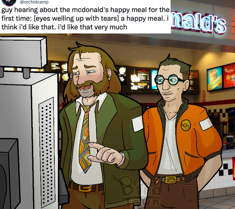 Harrier Du Bois and Kim Kitsuragi ordering off a kiosk in Mcdonalds. In the corner is a screenshot of a twitter post that reads Guy hearing about the mcdonalds happy meal for the first time: [eyes welling up with tears] a happy meal. i think i'd like that. i'd like that very much.  