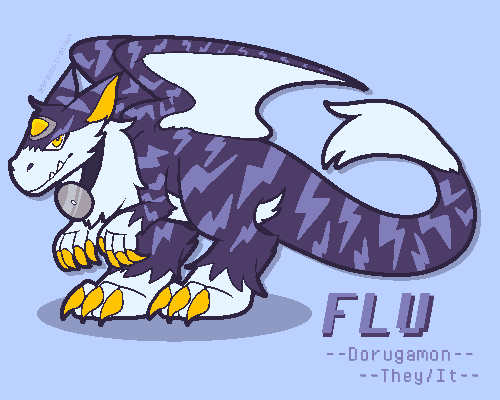 A reference sheet for Flu's Dorugamon form. Notable features from the Dorumon form carry over, like the cheek fluff white mark, doctor head reflector, and the yellow triangle feature. The long claws are also yellow instead of red, and an eyelash-like zigzag stripe off the top of their eyelid. Otherwise, they are a regular Dorugamon.