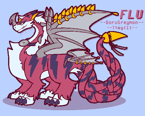 A reference sheet for Flu's DoruGreymon form. The notable features are the yellow triangle head feature, doctor had reflector, white cheek fluff, and the zigzag eye mark. There's also the tail, which instead of being coiled is now braided, and the tail tip is simplified into a teardrop shape. The little charm at the end of the tail is replaced with two sword charms, and the nose knife-horn loses it's lightning bolt shape to be a hook-like shape instead.