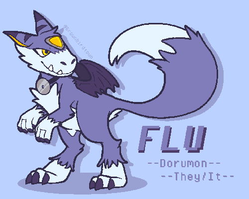 A reference sheet for Flu the Dorumon. Flu differs from the average Dorumon with the triangle feature on their head being yellow instead of red, extra fluff on their limbs, the white fluff pattern on their muzzle reaches to their cheek fluff, and a doctors head light reflector around their neck.