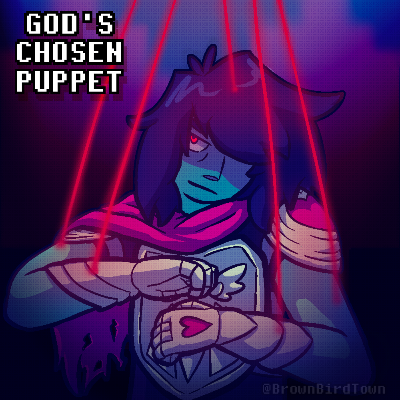 Bust up art of Kris Deltarune with their arms up in front of them, with red strings coming out of their arms and top of their head, resembling a marionette doll. The words God's Chosen Puppet are to the top left. 