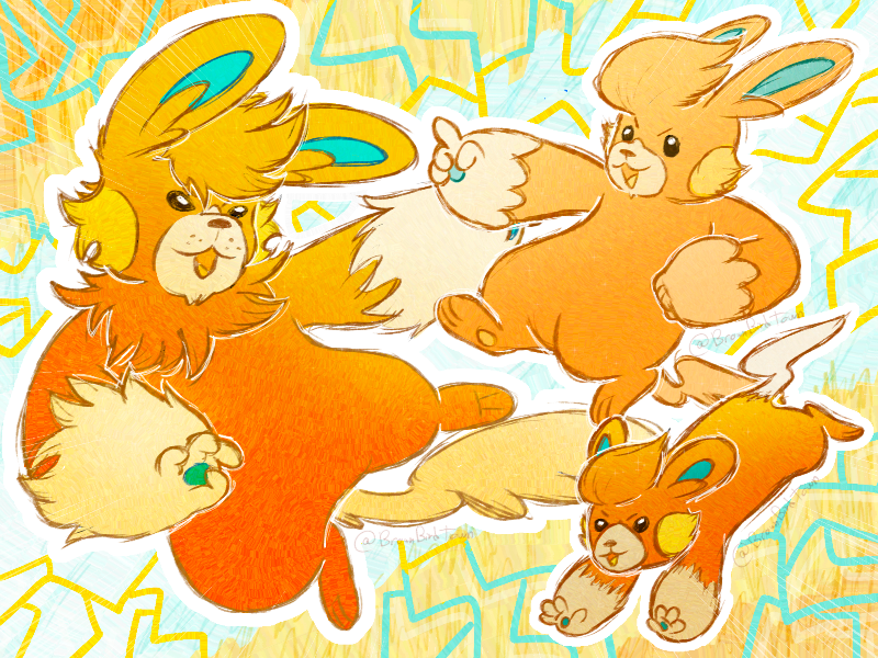 Art of the three pokemon Pawmot, Pawmo, and Pawmi. Pawmot and Pawmo are drawn in action poses, and Pawmi is drawn in a running leap.