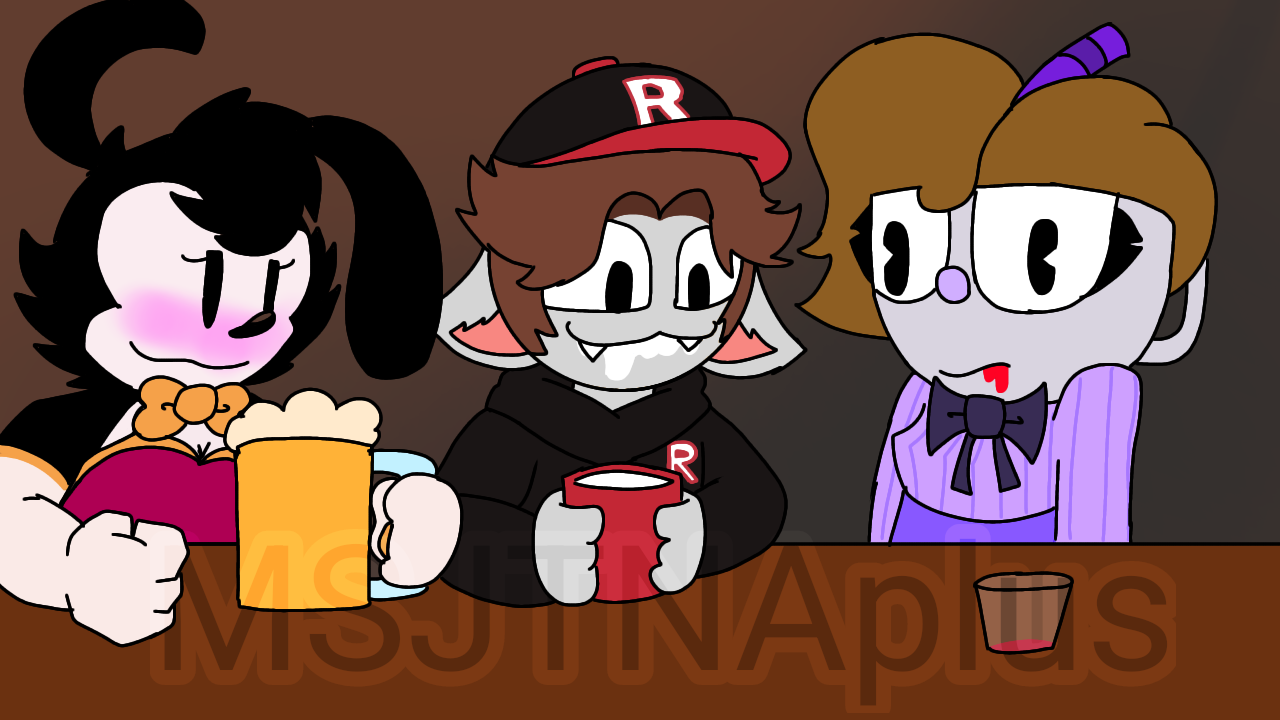 Enigma at the bar drinking liekly milk with a toon oc to their left and a cuphead oc to their right
