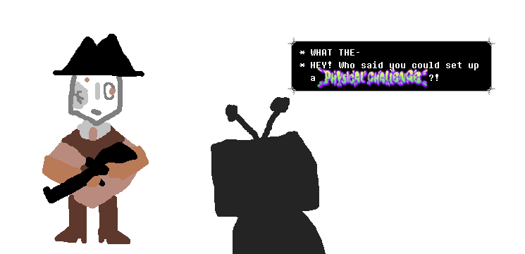Tenna (silouhetted) says to Potshot 'What the- . HEY! Who said you could set up a Physical Challenge?!' with Physical Challenge in a splat-like visual