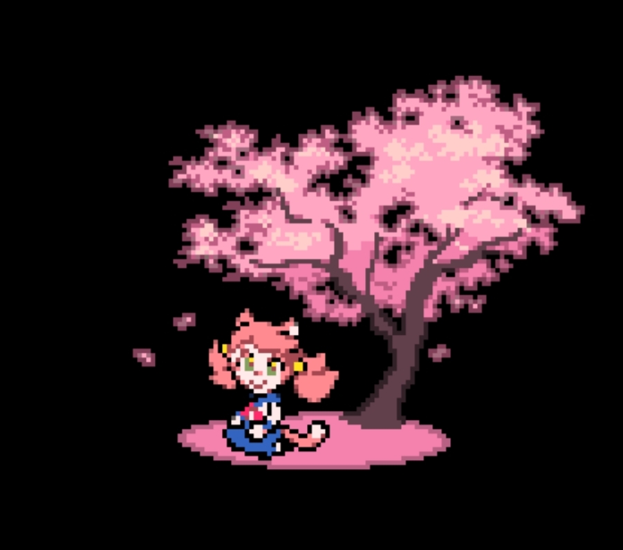 Mad mew mew sitting under a pink cherry blossom tree. Mad mew mew appears to be wearing a japanese schoolgirl outfit. The tree and Mew mew are in an otherwise black void.